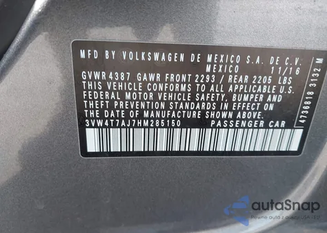 2017 Volkswagen Jetta Gli from USA, damaged, VIN 3VW4T7AJ7HM285150